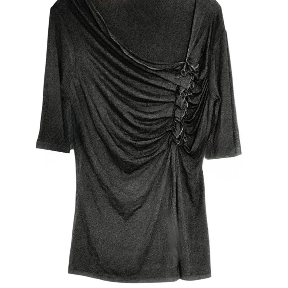 KENAR Dark Black Ruched Ruffle Top Size L  Asymmetrical Neck 3/4 Sleeve Stretch